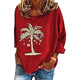 NITRFLA Christmas Palm Tree Long Sleeve Shirt for Women Funny Merry Christmas Xmas Holiday Pullover