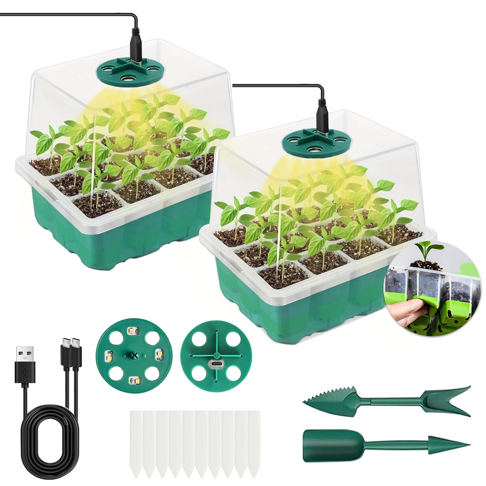 VDYXEW Seed Trays Seedling Starter Tray (12 Cells per Tray), Humidity Adjustable Plant Germination Kit Mini Propagator Greenhouse with Dome and Base Plant Tags Hand Tool Kit (Green)
