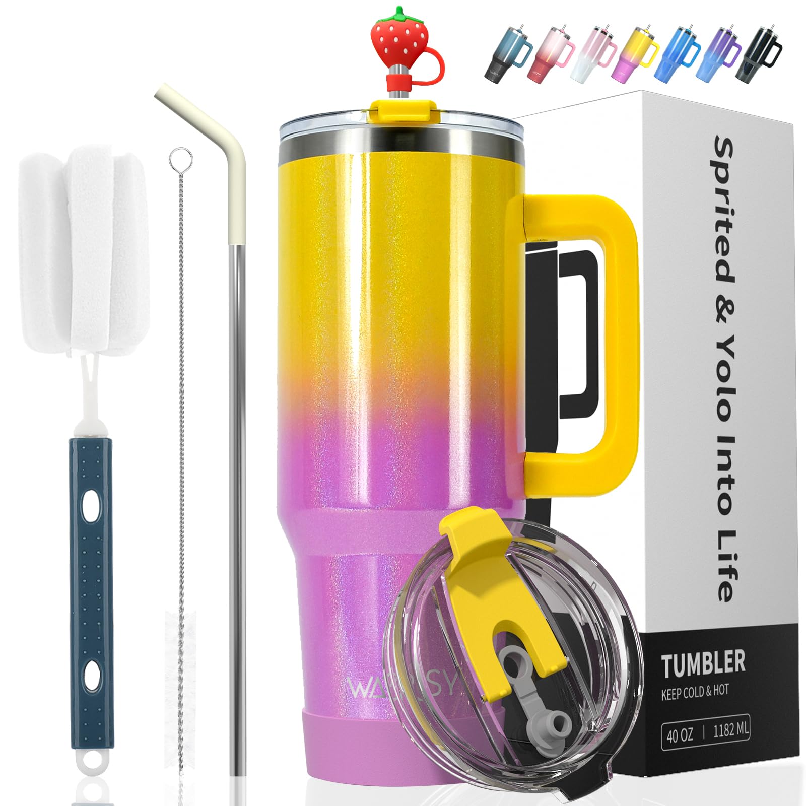 Photo 1 of 40 oz Shiny Tumbler with Handle and Straw,Stainless Steel Tumbler with Lid and Straw,Insulated Travel Mug(Cold for 34 Hours),Water Bottle for Iced Tea,Coffee (Yellow)