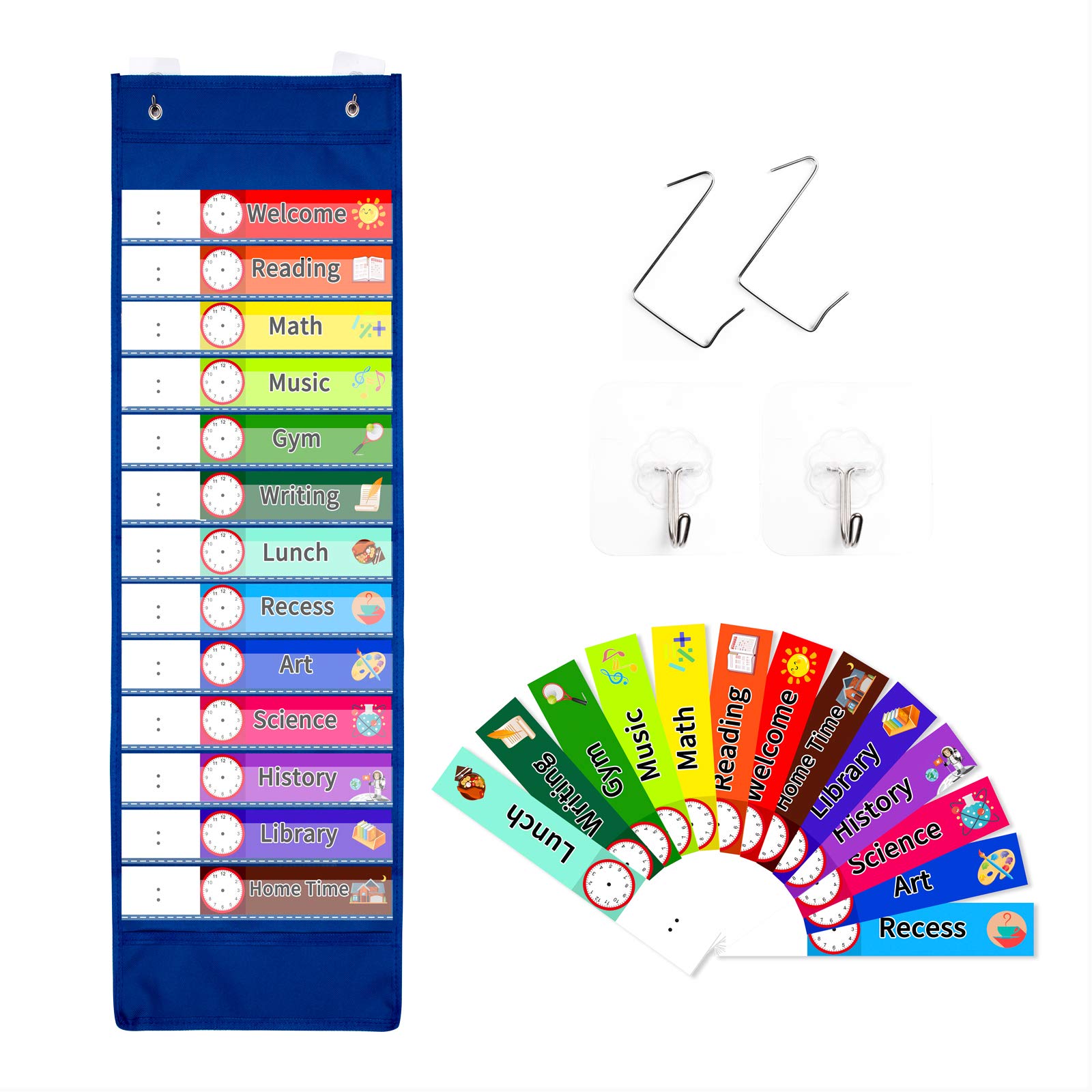 SUNEE Daily Schedule Pocket Chart, Blue Visual Class Schedule Chart with 13+1 Pockets, 18 Reusable Dry Erase Cards (13 Colored and 5 Customizable), Over-Door and Wall Hooks (13 x35.5 Inches)