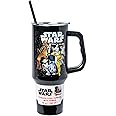 Silver Buffalo Star Wars Featuring Chewbacca, Yoda, R2-D2, C-3PO, Princess Leia, Han Solo, and Luke Skywalker Stainless Steel Tumbler with Handle and Straw, Fits in Standard Cup Holder, 40 Ounces