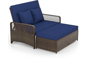 Tangkula Patio Rattan Daybed with 4-Level Adjustable Backrest, 2-Person Outdoor Wicker Loveseat with Storage Ottoman & Soft Cushions, Double Sunbed Lounger for Backyard, Porch, Poolside (Navy)