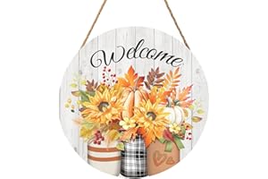 HAROONI Fall Welcome Sign Door Sign 12"x12" Rustic Fall Decorations Hanging Door Sign Thanksgiving Farmhouse Welcome Round Wooden Sign for Home Front Door Wall Porch Yard Garden