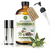Extra Virgin USDA 100% Organic Castor Oil for Hair, Brows, Lashes & Skin – Cold-Pressed, Hexane-Free, Mess-Free Pump in 16oz Glass Bottle
