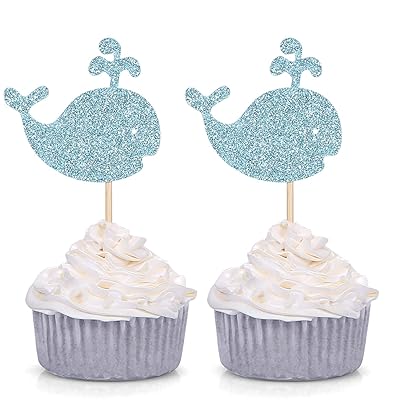 耐久サービス 24 Blue Glitter Whale Cupcake Toppers Baby Shower