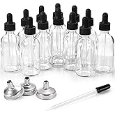 12 Pack, 2 oz Glass Eye Dropper Bottles w/ 3 Stainless Steel Funnels & 1 Long Pipette Dropper & 24 Labels - 60ml Clear Tincture Bottles for Essential Oils, Liquids - Leakproof Travel Essential Bottles