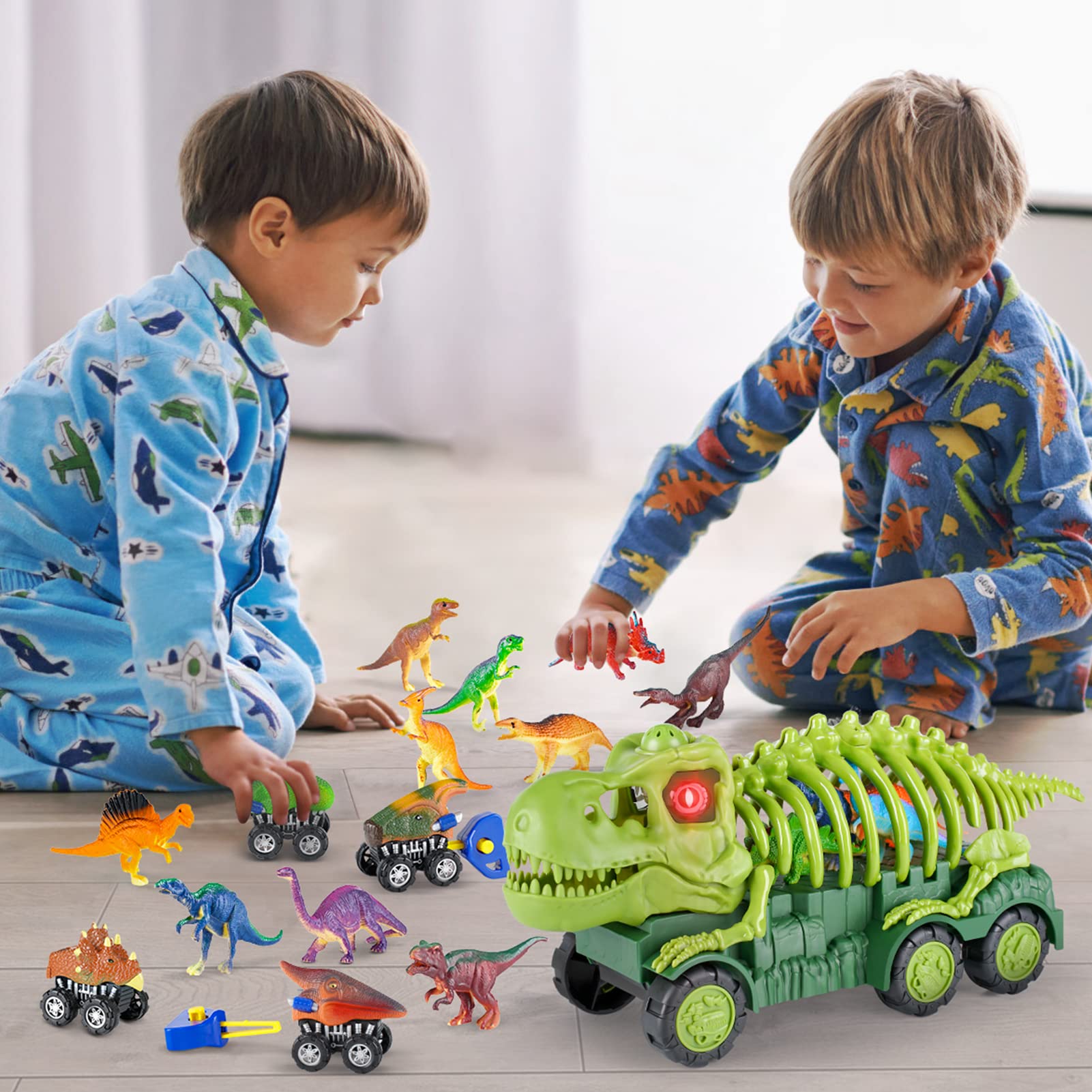 Aoskie Camion Transporteur Dinosaure – 12 Figurines + 4 Mini Voitures – Lumière & Son – Éjection – Dès 3-7 Ans