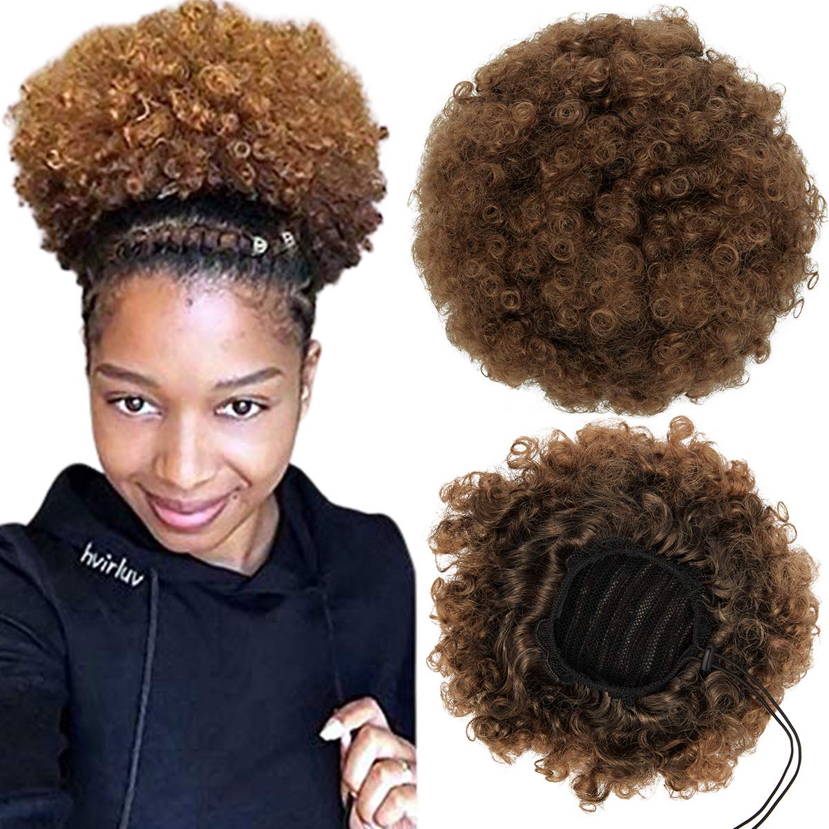 Synthetic Afro Puff Drawstring Ponytail Short Kinky Curly Hair Bun Extension Donut Chignon Hairpieces Wig Updo Hair Extensions Clip in Bun Ponytail Extensions Large Size