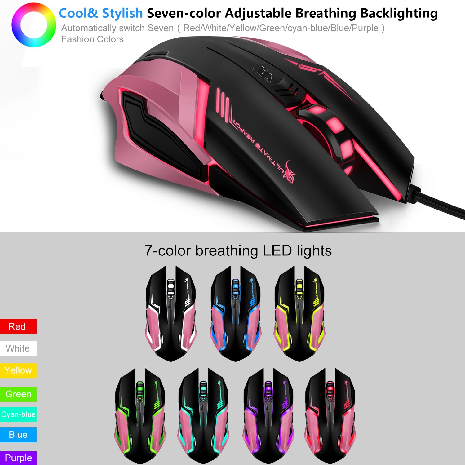 Gaming Mouse, LDesign 3200DPI Wired Gamer Mice ACC Optical Ergonomic with 4 Adjustable DPI Switch, 7-Color Breathing Light, High Accuracy Computer Mice Plug and Play (Black/Pink)