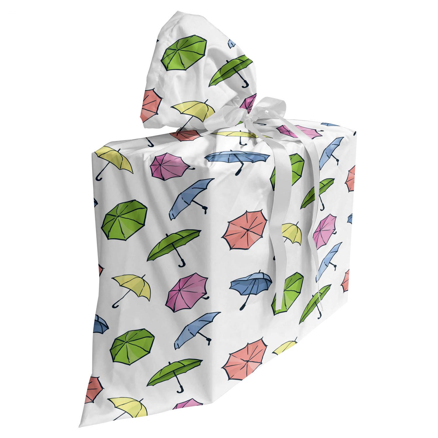 ABAKUHAUS Umbrella Fabric Gift Bag, Cartoon Style Umbrella in Colors Autumn Theme Rainy Weather Doodle, Present Sack for Birthdays with 3 Ribbons, 27" X 32", Multicolor