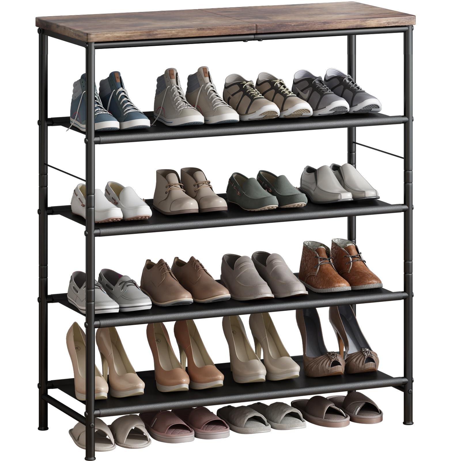 Photo 1 of INGIORDAR Shoe Rack Organizer 5 Tier Metal Organizer Shelf with Industrial MDF Board and Layer Fabric for Entryway Closet Bedroom Living Room Garage,Black & Rustic Brown (Black+Rustic Brown, 5 Tier)
