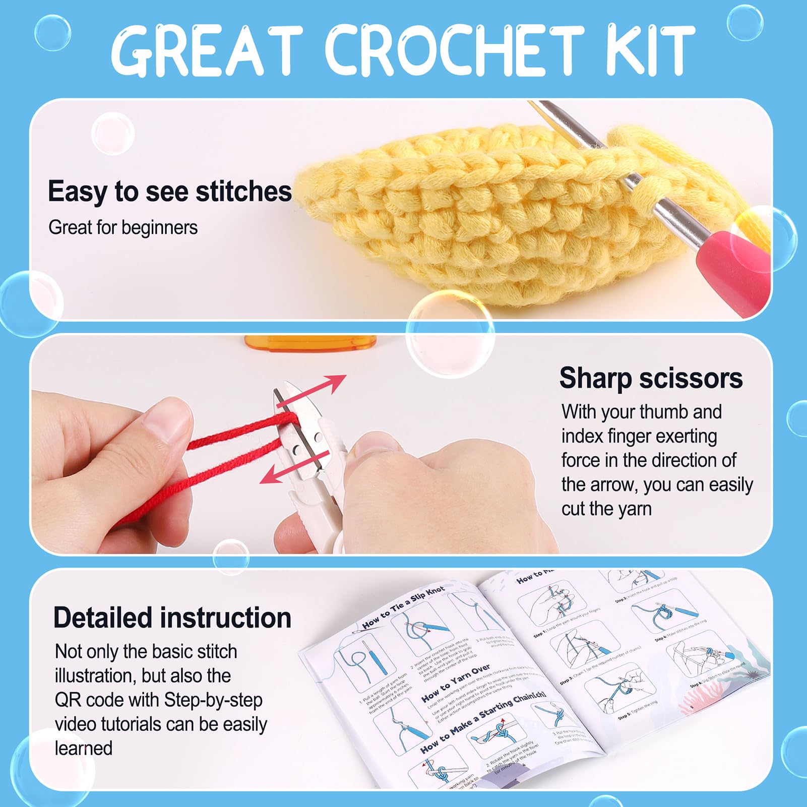 Pllieay Crochet Kit for Beginners, Beginner Crochet Kit for Adults & Kids with Step-by-Step Video Tutorials, Knitting Kit, 4 Pattern Crochet Animal Kit - Whale, Jellyfish, Sea Horse and Octopus