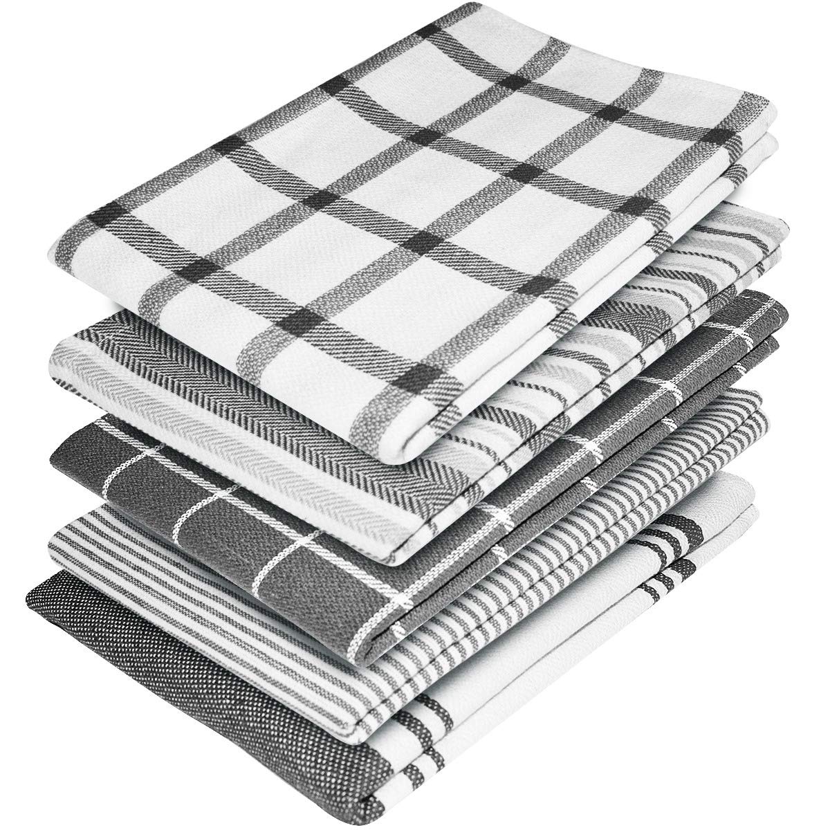 Elfranso Cotton Kitchen Tea Towels - Pack of 5, Absorbent, 70 x 50 cm (Grey)