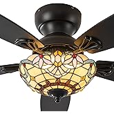 Yanokooe Tiffany Ceiling Fans with Lights - 48" Ceiling Fan Chandelier with 5 Dual-Blades and Glass Shade, 6 Speeds and Rever