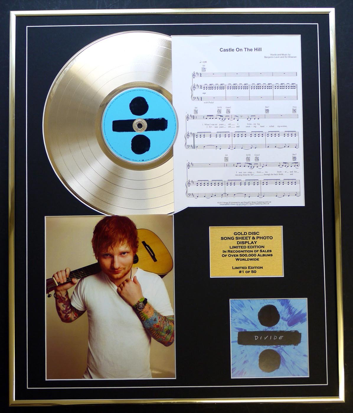 ED SHEERAN/CD GOLD DISC, SONG SHEET & PHOTO DISPLAY/LTD. EDITION/COA/ALBUM DIVIDE/SONG SHEET CASTLE ON THE HILL