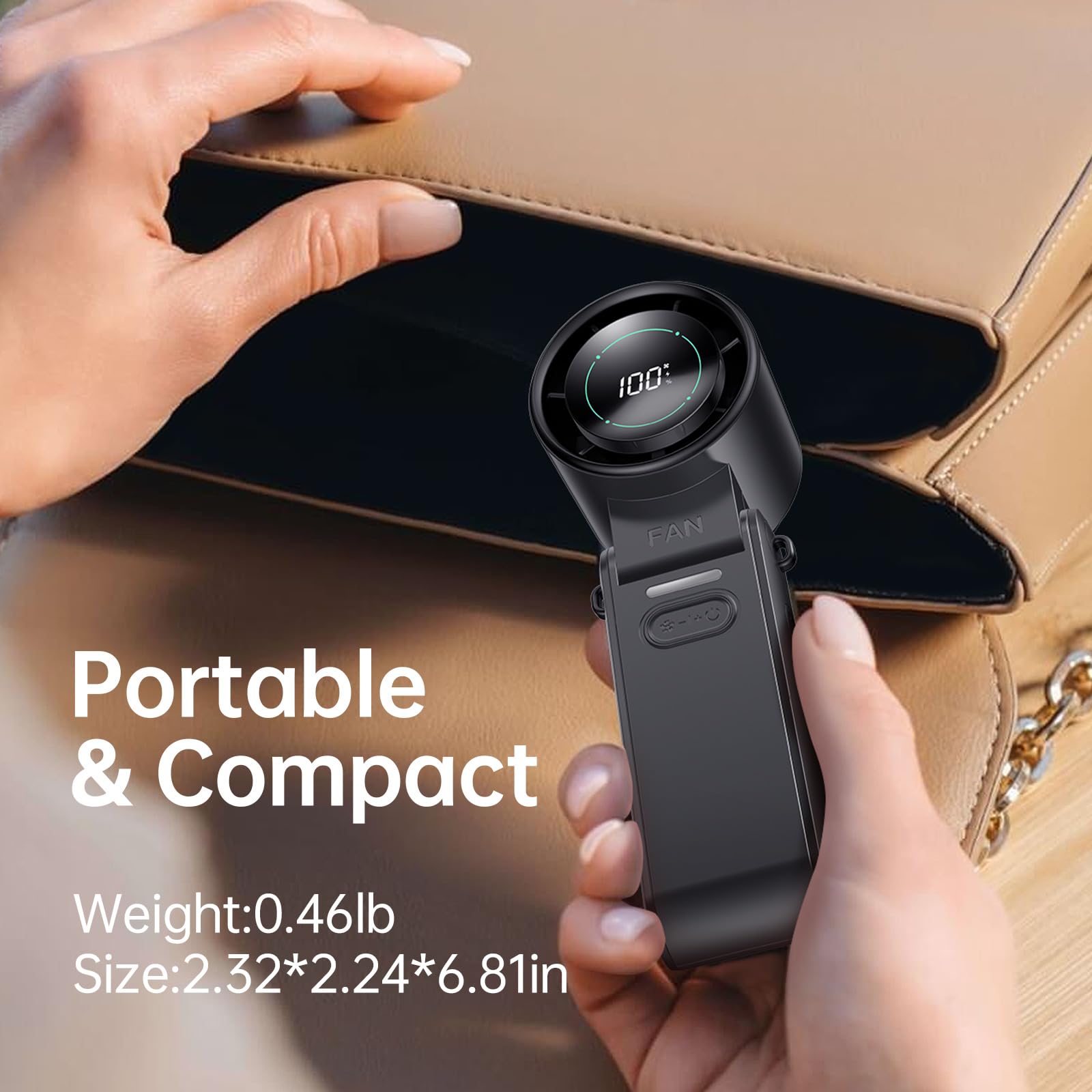 KIMMOO 3-in-1 Portable Handheld Turbo Fan-100 Speeds, 13500 RPM, 12Hrs Cooling, Digital Display, 120° Rotation, USB Rechargeable Mini Hand Held Personal Fan for Travel, Makeup, Outdoor, Indoor (Black)