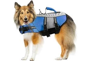 VEMEE Dog Life Jacket Swimming Vest, Adjustable Dog Flotation Vest High Reflective Pet Life Preserver with Rescue Handle for Small Medium Large Dogs (Large, Blue)