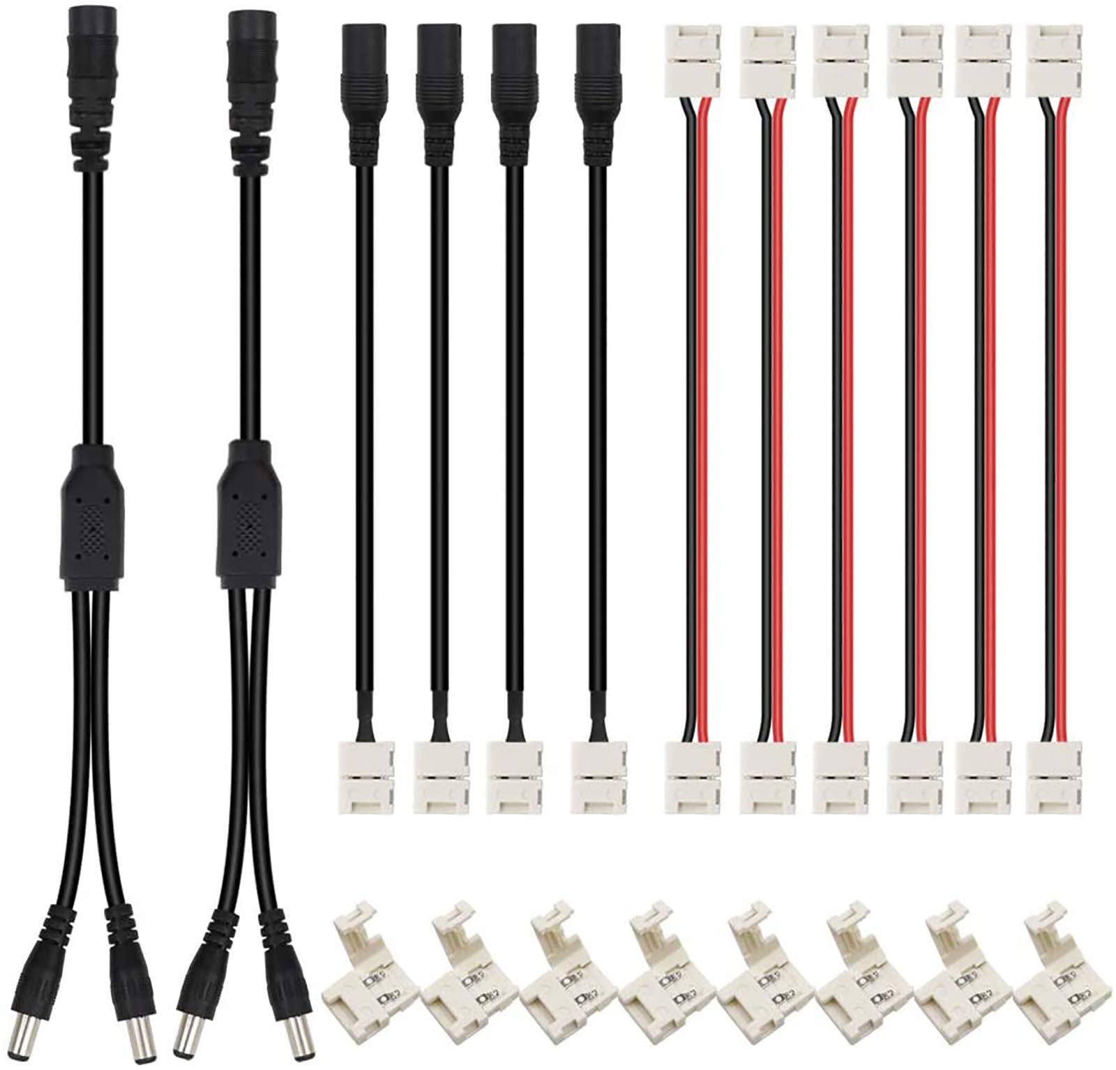 HitLights LED Strip Connector 2Pin 8mm LED Connector Kit Include Solderless Gapless Connector, 6Inch Jumper Connector, DC Female and Connector, DC Jack Splitter for 3528 5050 LED Strip