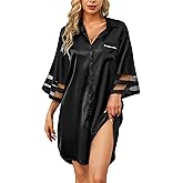 HBZDQB Women's Satin Nightgown Button Down 3/4 Sleeve Sleepwear Silk Night Gowns Nightshirt with Pocket