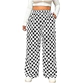 WDIRARA Women's Plus Size Checkered Baggy Pants High Waisted Wide Leg Trousers with Pockets