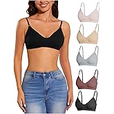 OYOANGLE Women's 5 Pieces Rib Knit Spaghetti Strap V Neck Wireless Bra Set Seamless Solid Plain No Padded Bralette