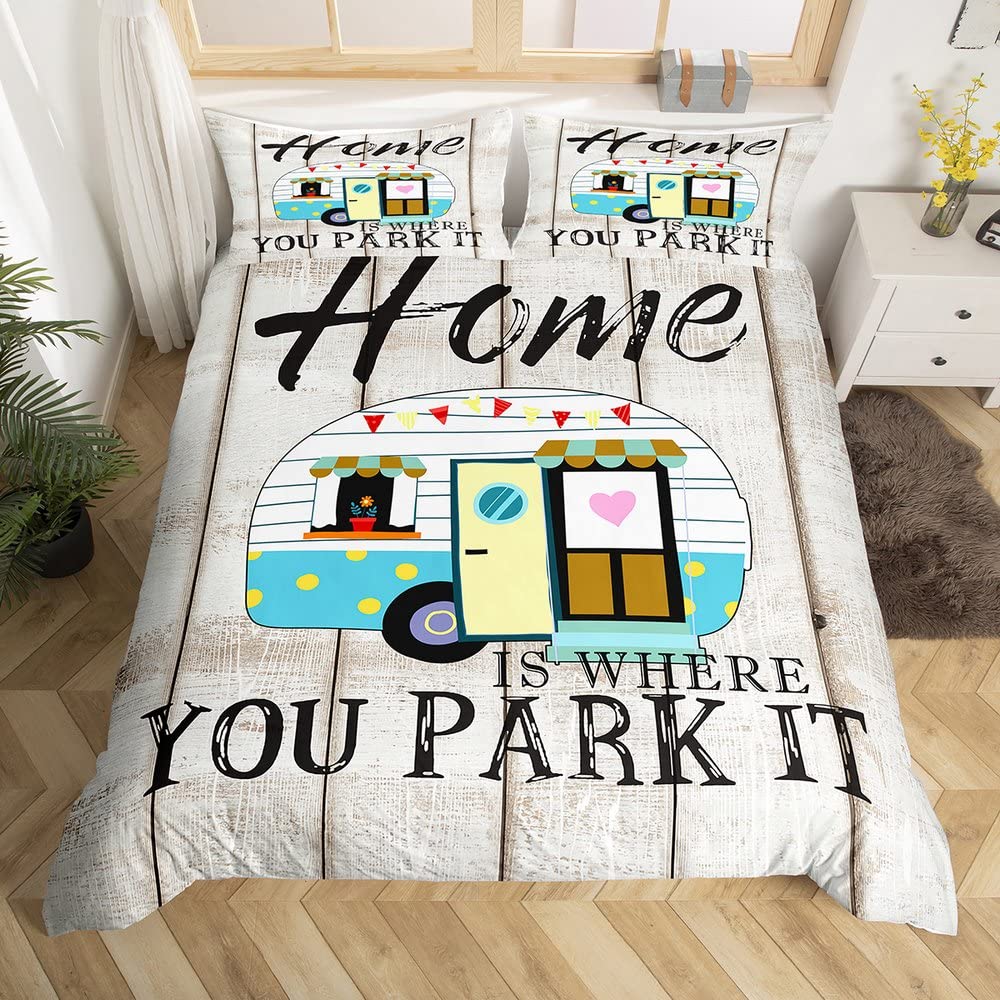 Loussiesd Great Camping Comforter Cover Set Kids Boys Camper Bedding Set Girls Teens Old Wooden Door Duvet Cover RV Inside Bedspread Cover Rustic Farmhouse Double 3Pcs