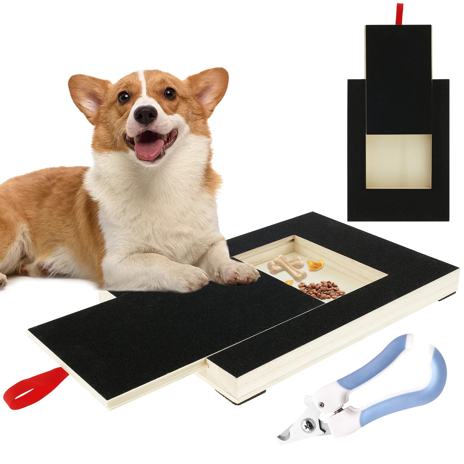 JETHMA Dog Nail Scratch Board File, Wooden Dog Scratch Pad with Built-in Snack Box Stress-Free and Soothing Puppy Nail Scratch Pad Alternative to Dog Nail Clippers & Grinders (with Nail Clipper)