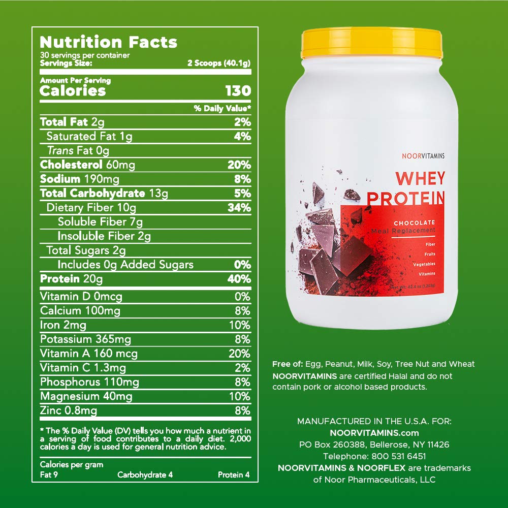 NoorVitamins Pure Whey Protein Powder, Chocolate Flavor - Preservative, GMO & Gluten Free - Infused w/ Superfoods & Natural Vitamins - Support Muscle Recovery & Curb Hunger - Halal (30 Servings) 2lbs