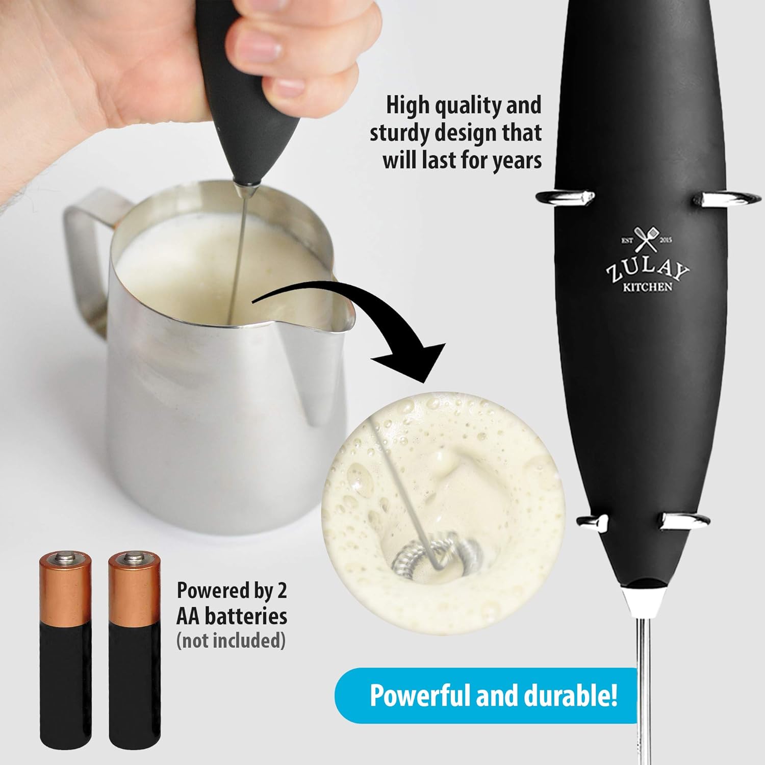 Zulay Original Milk Frother Handheld Foam Maker for Lattes - Whisk Drink Mixer for Coffee, Mini Foamer for Cappuccino, Frappe, Matcha, Hot Chocolate by Milk Boss (Black): Kitchen & Dining
