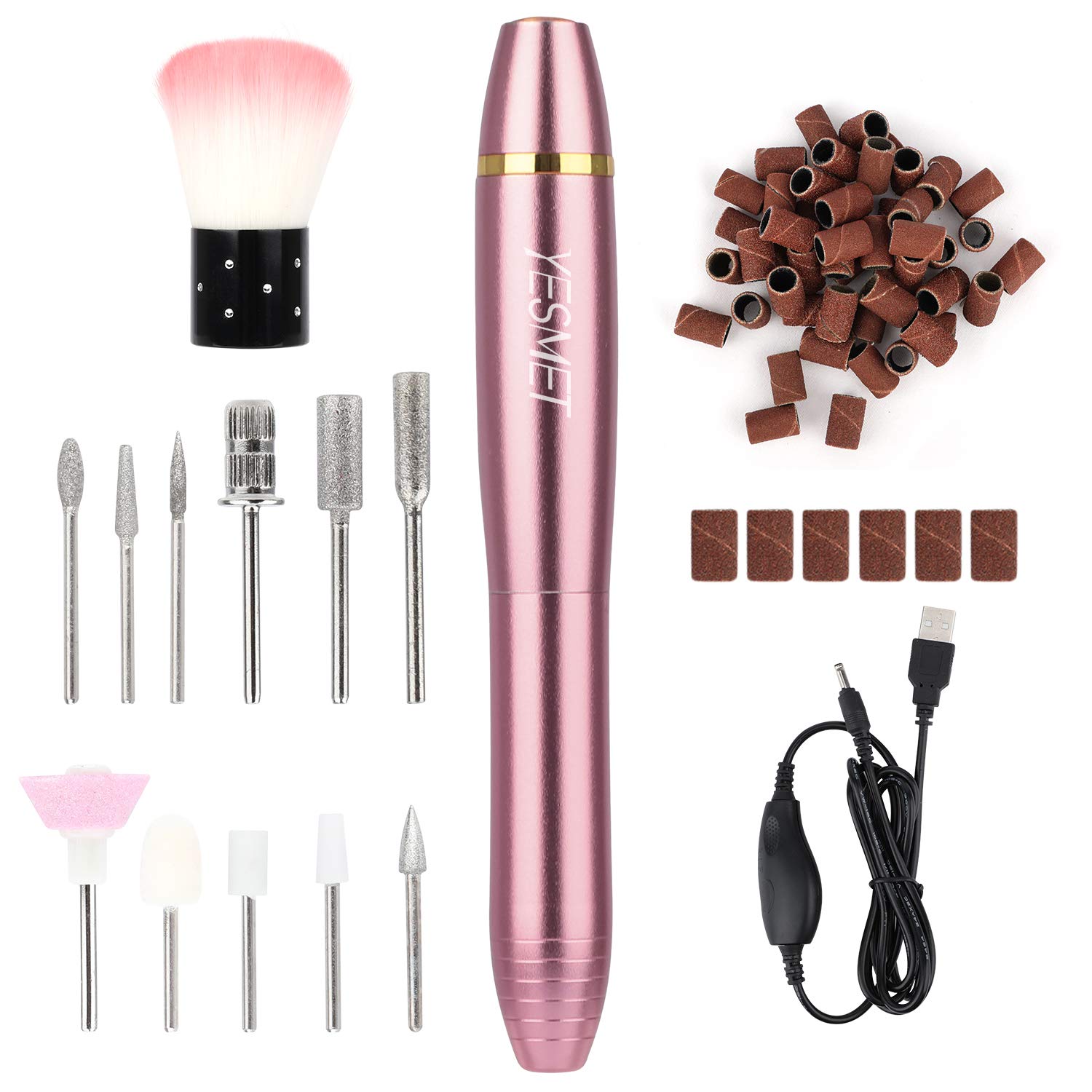 Portable Electric Nail Drill,YESMET Professional 17000RPM USB Nail Tools Set For Gel Nails,Acrylic Nail,Manicure Pedicure Tools With 11 Nail Drill Bits,Sanding Bands,Nail Brush,Home Salon Use,Gold: Beauty