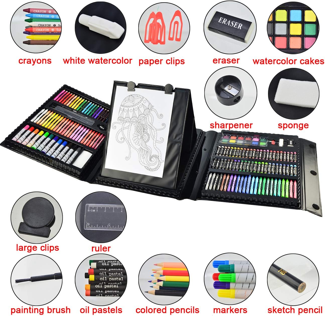 Sunnyglade 185 Pieces Double Sided Trifold Easel Art Set, Drawing Art Box with Oil Pastels, Crayons, Colored Pencils, Markers, Paint Brush, Watercolor Cakes, Sketch Pad