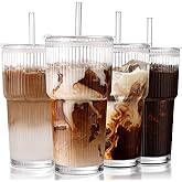 Iced Coffee Cups with Lids: Coffee Bar Accessories - Ribbed Glass Tumbler with Straw and Lid 4Pcs - 20oz Leak Proof Tumbler - Reusable Glass Cups and Tumblers with Lid and Straws for To Go Iced Coffee