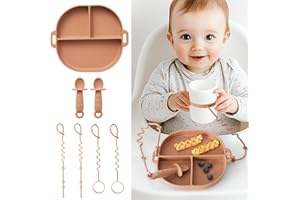 YIVEKO Baby Plates with Suction Silicone Baby Spoons Divided Baby Plates Silicone Baby Safety Toy Straps Baby Bottle Bungees Baby Feeding Set All-in-one Baby Plates-Brown