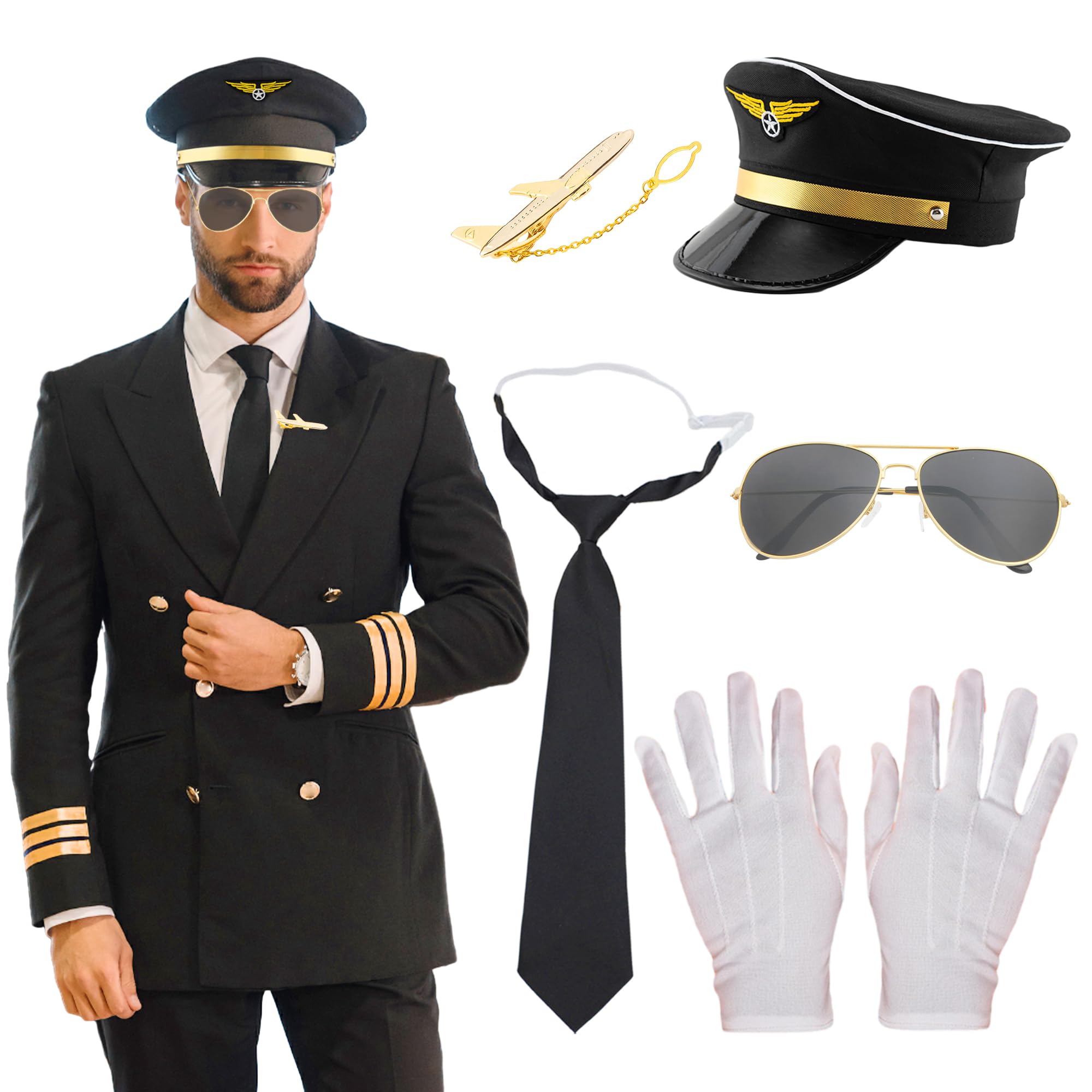 LaVenty Airplane Captain Costume Airline Pilot Hat Accessories for Adults Teens Captain Party Cosplay Supplies Sunglasses — image 1