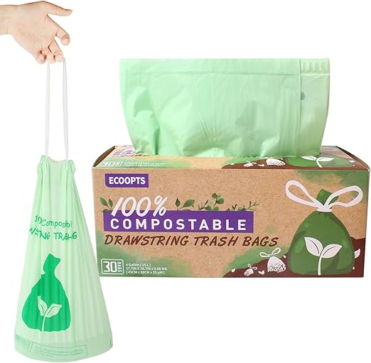 ECOOPTS 100 Compostable Drawstring Trash Bags 4 Gallon Small Kitchen