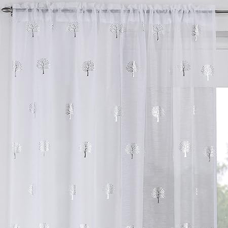 Ideal Textiles Birch Slot Top Voile Curtain Panel Metallic Print