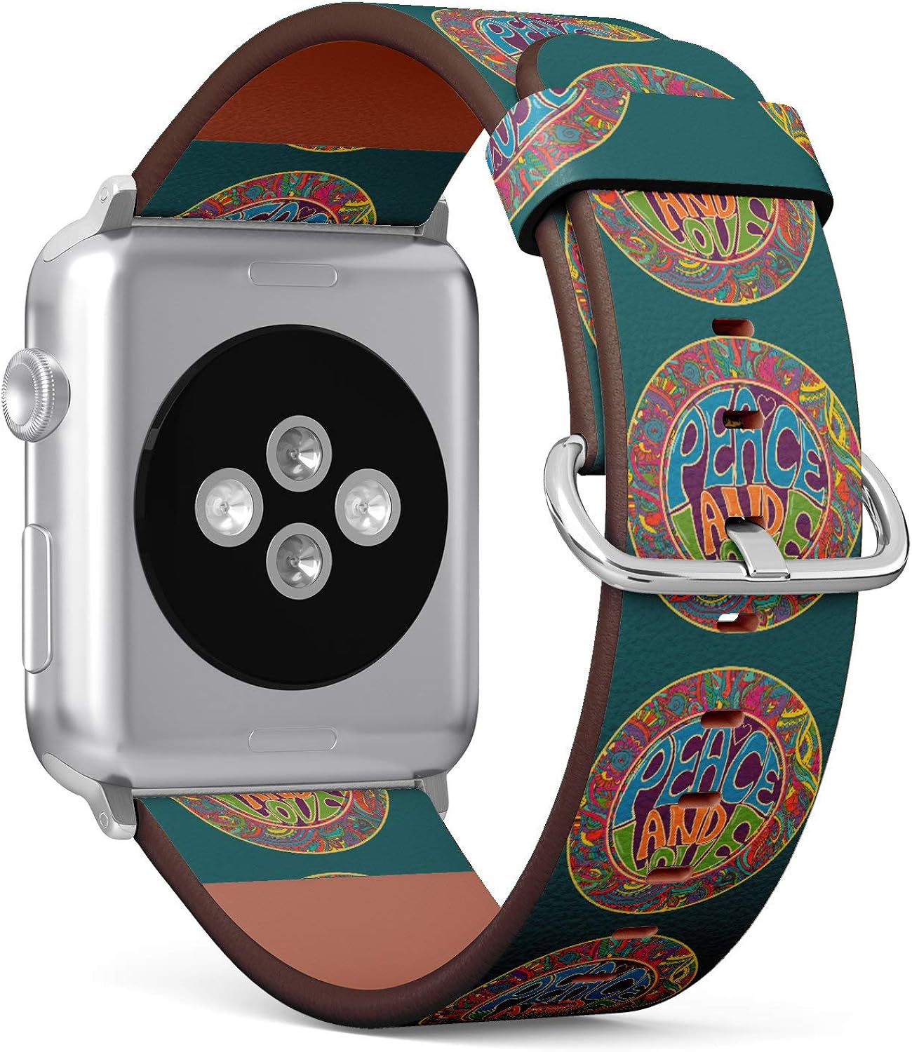 (Hippie Sign of Peace and Love on Teal Background) Patterned Leather Wristband Strap for Apple Watch Series 4/3/2/1 gen,Replacement for iWatch 42mm / 44mm Bands