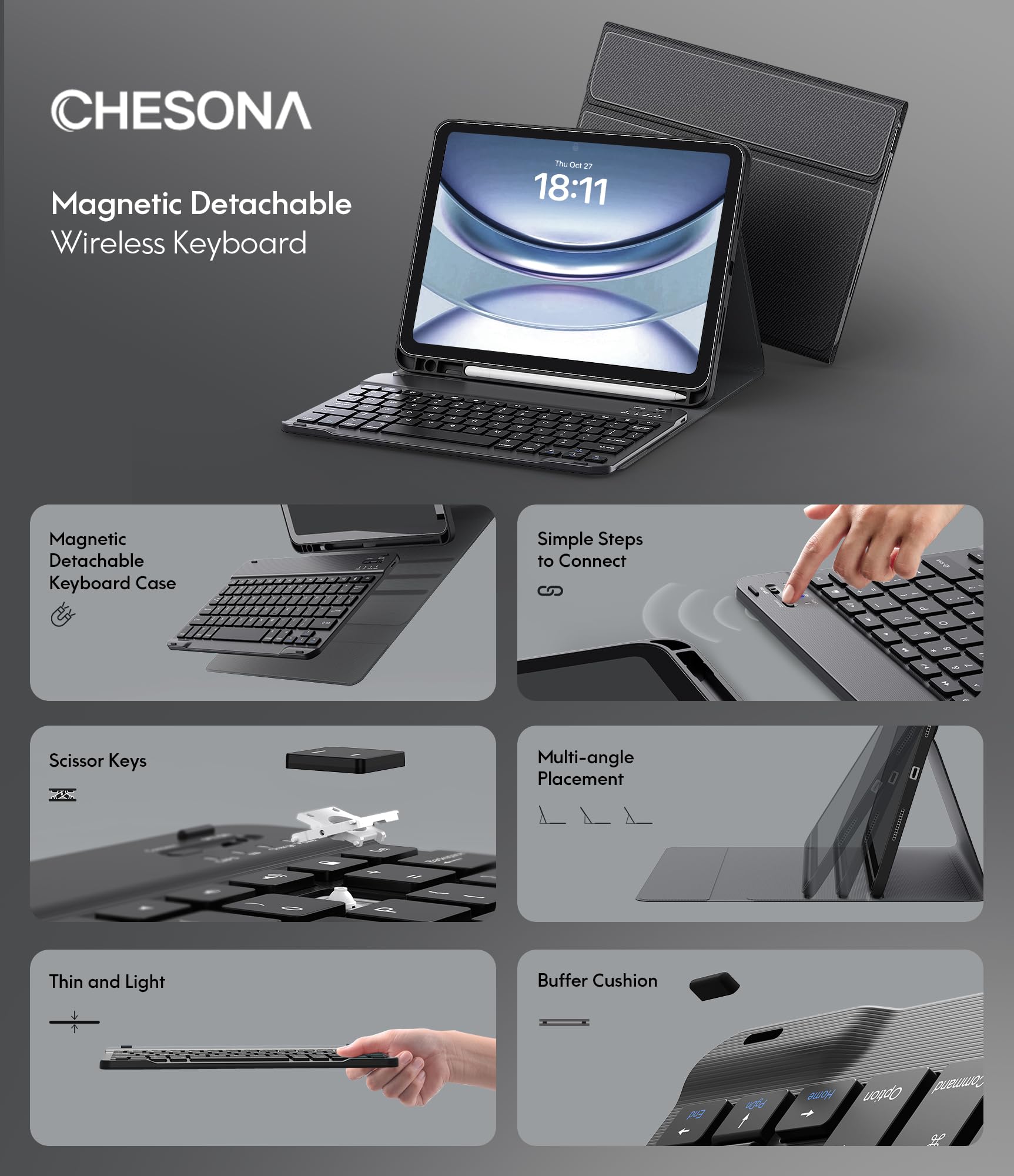 CHESONA Keyboard Case for iPad (A16) 11th/10th Generation (2025/2022), Detachable Wireless Keyboard, Stand Folio Keyboard Cover with Pencil Holder, Thin & Light (Black)