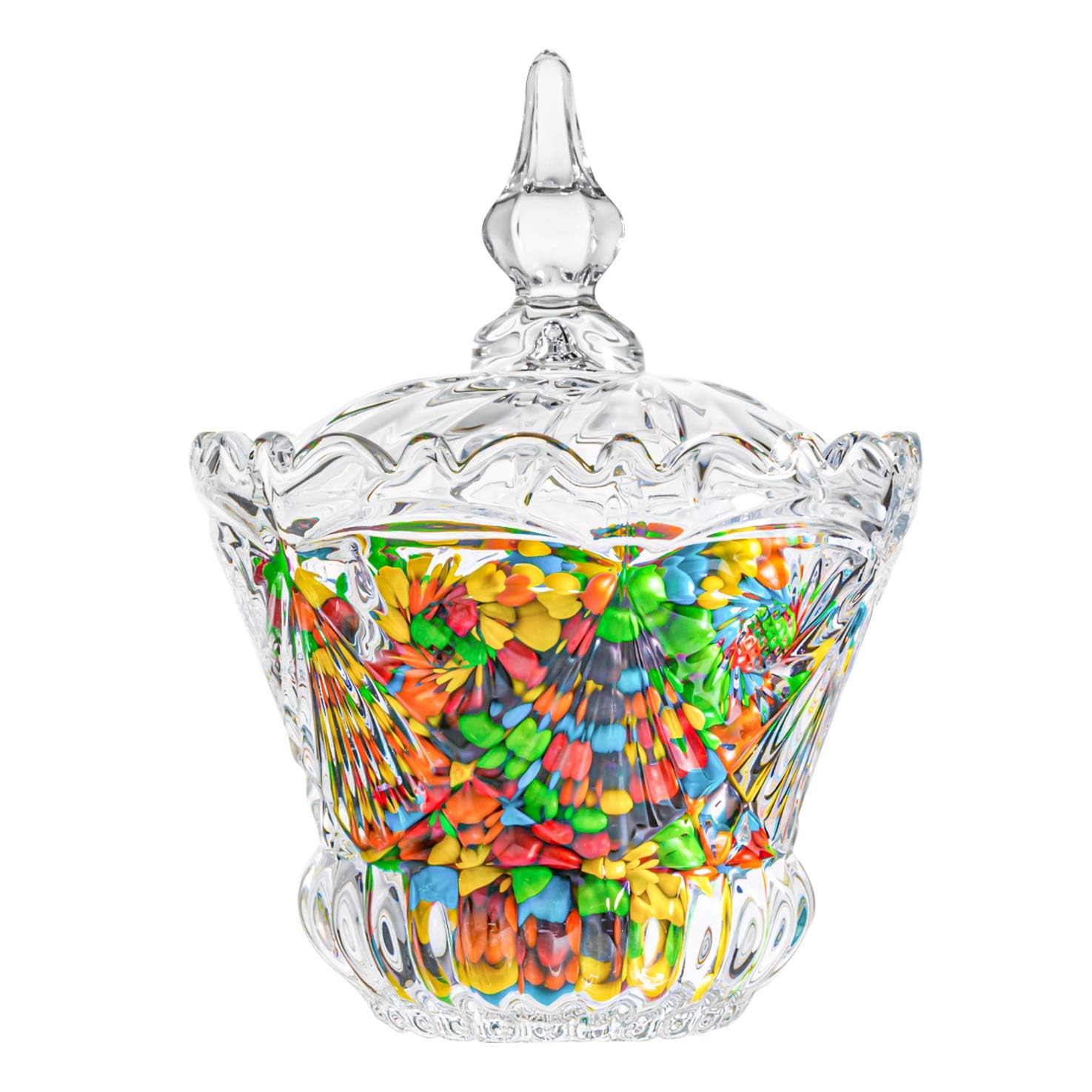 ComSaf Glass Candy Sweet Jar with Lid, Crystal Bon Bon Jar Covered Sugar Bowl Small Decorative Cookie Dish Buffet Storage Container Clear for Party Wedding Birthday Gift (Diameter: 15.5CM)