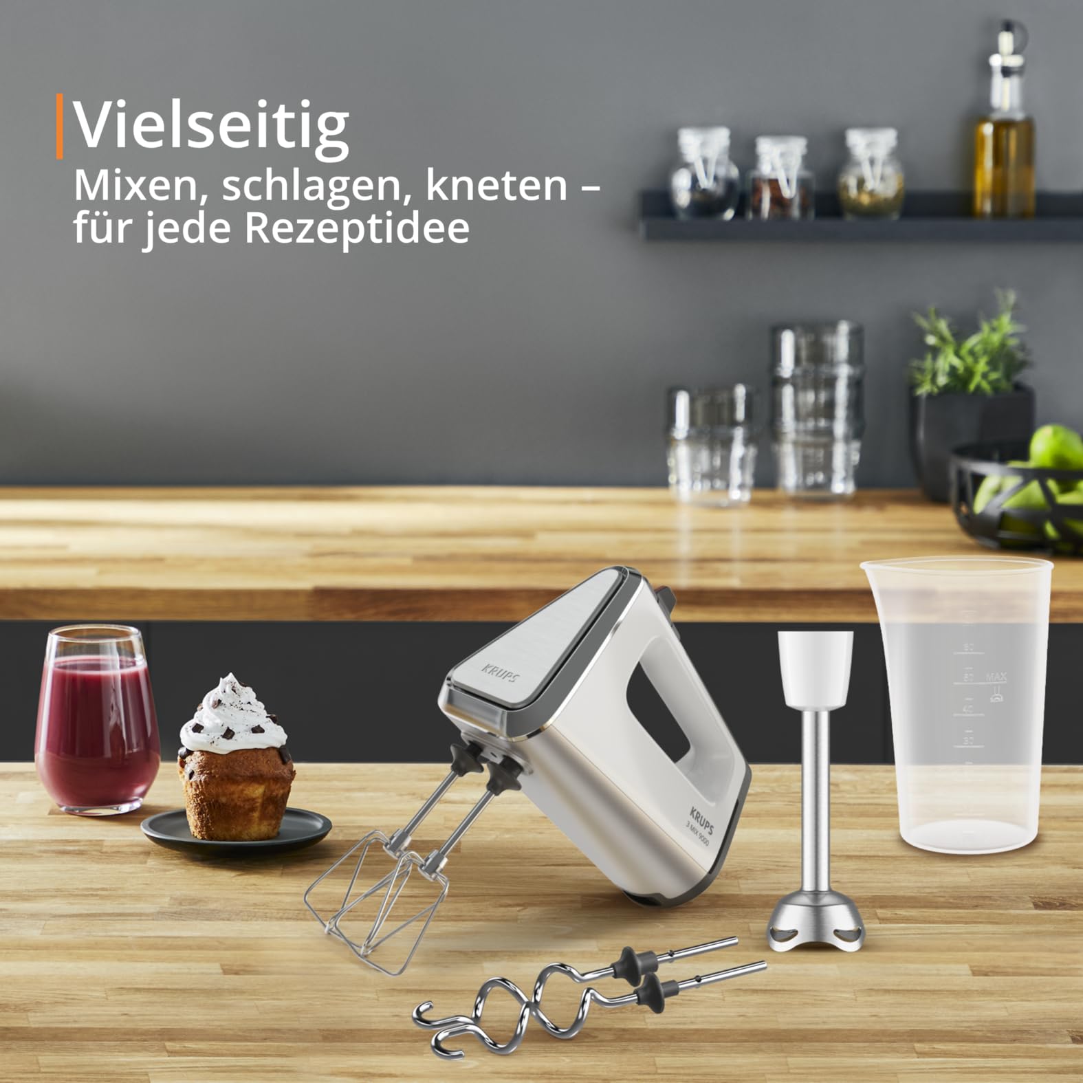Krups 3 Mix 9000 Handmixer, 750 Watt, Geschwindigkeitsregler, Turbomodus, ergonomischer Griff, Handrührgerät inkl. Schneebesen, Knethaken, Pürierstab-Aufsatz, Messbecher, weiß/silber, GN9121 3