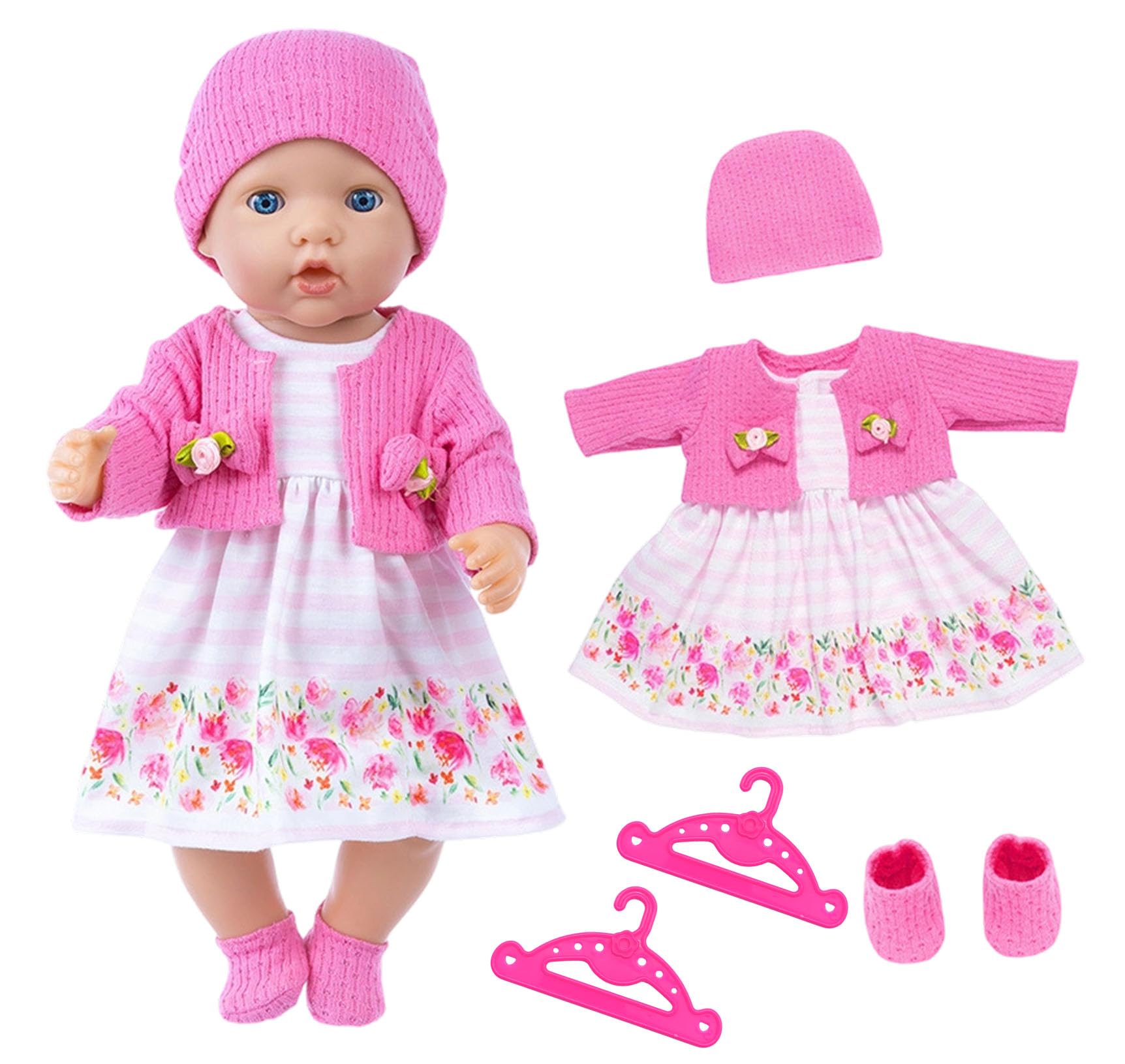 WanderGo Baby Doll Clothes 35-43 cm, 6-piece Outfit with Pink Cardigan + Floral Dress + Socks + Hat + 2 Hangers, Dolls Clothes for 14-18 inch dolls (doll not included)
