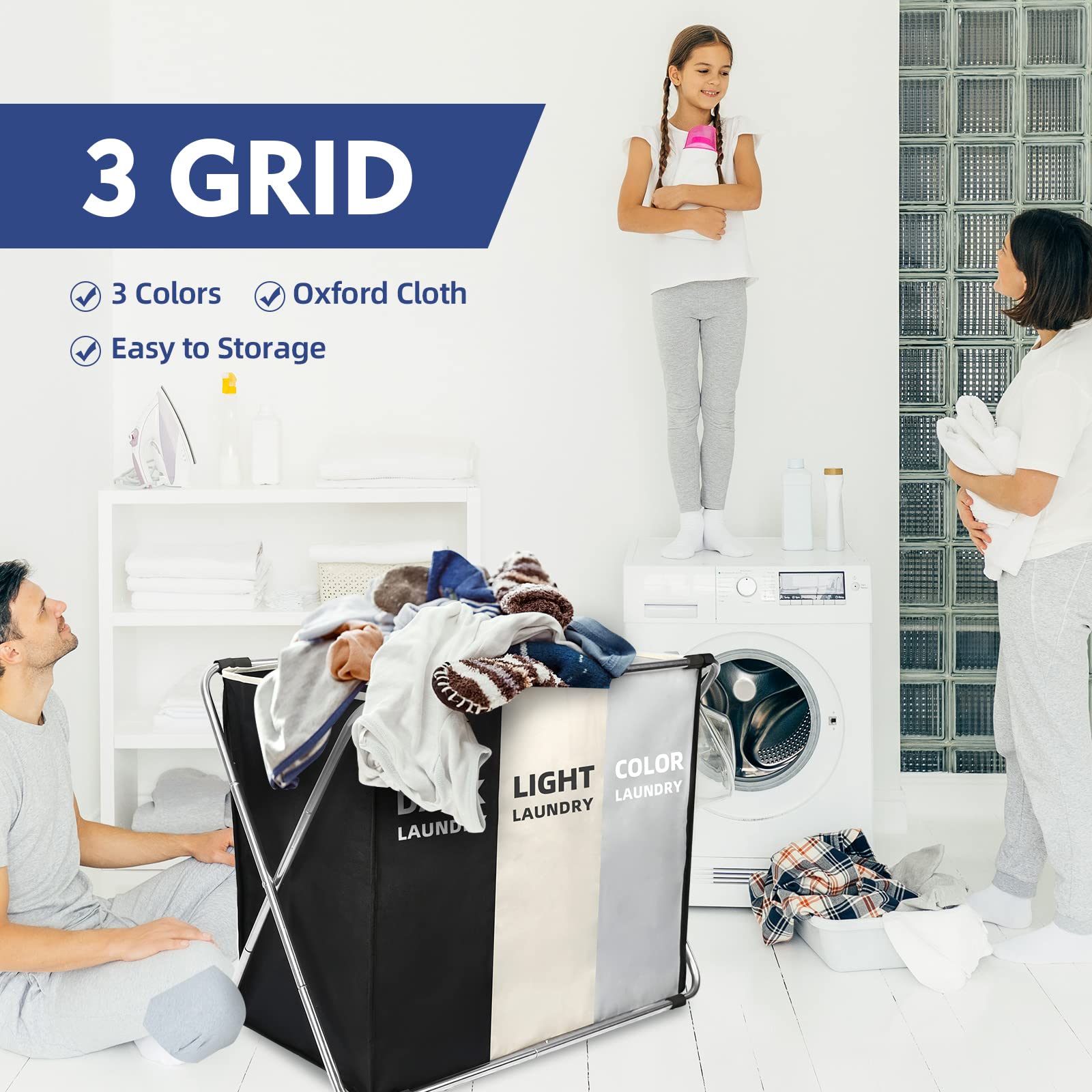 180L Laundry Basket Sorter, Large 3 Section Collapsible Laundry Hamper for Laundry Room Organization, 28