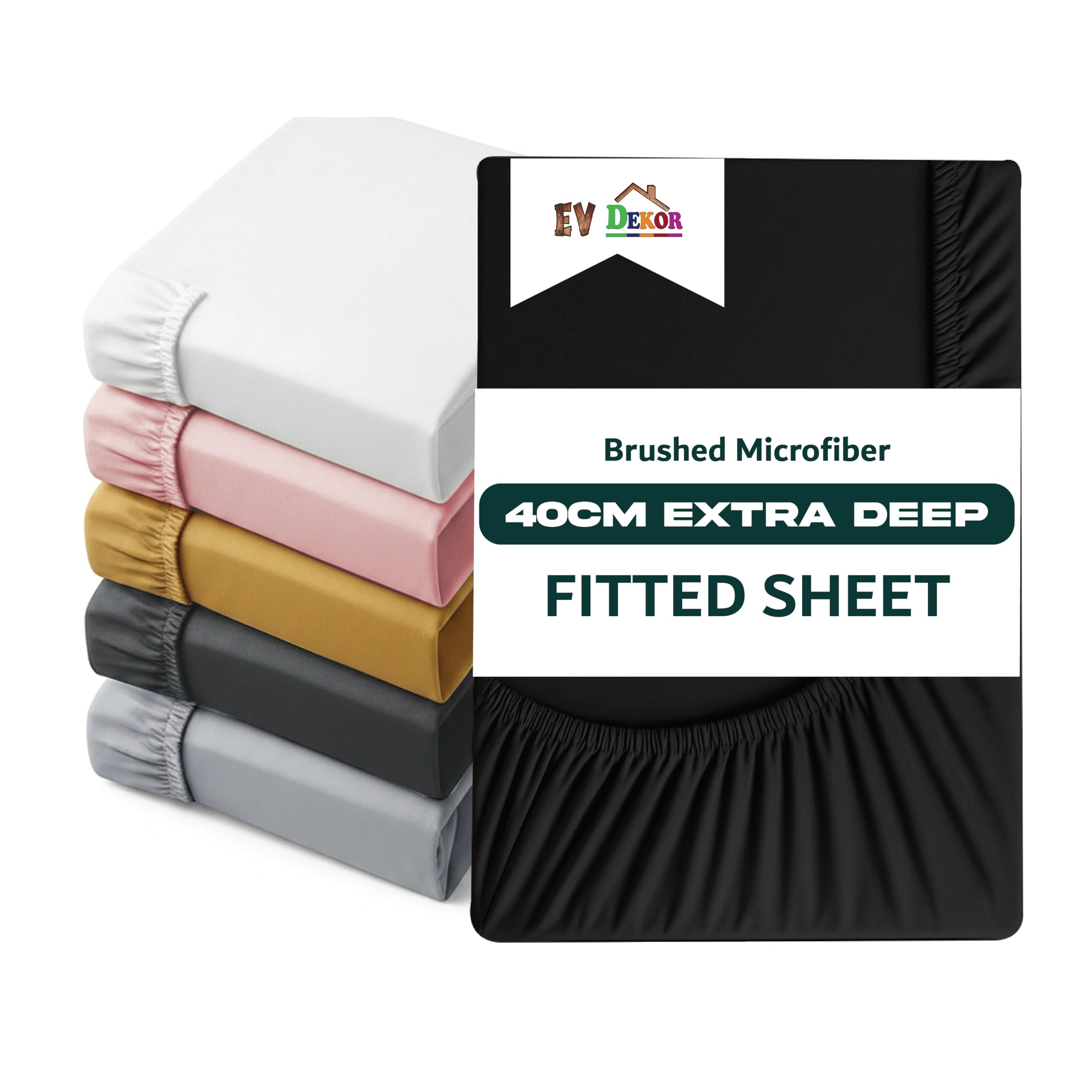 Ev Dekor Extra Deep Fitted Sheet King, Black - Deep Pocket Bedsheet 16inch (40 cm) Soft Brushed Microfiber Fabric - Shrinkage and Fade Resistant - Bottom Sheet - Double Bed Fitted Sheets