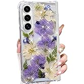 Changjia for Samsung Galaxy Z Fold 7 Clear Glitter Floral Case, Cute Pressed Real Flowers Design Bling Sparkly Purple Floral Pattern Soft TPU Shockproof Women Girls Phone Case for Galaxy Z Fold 7,Blue