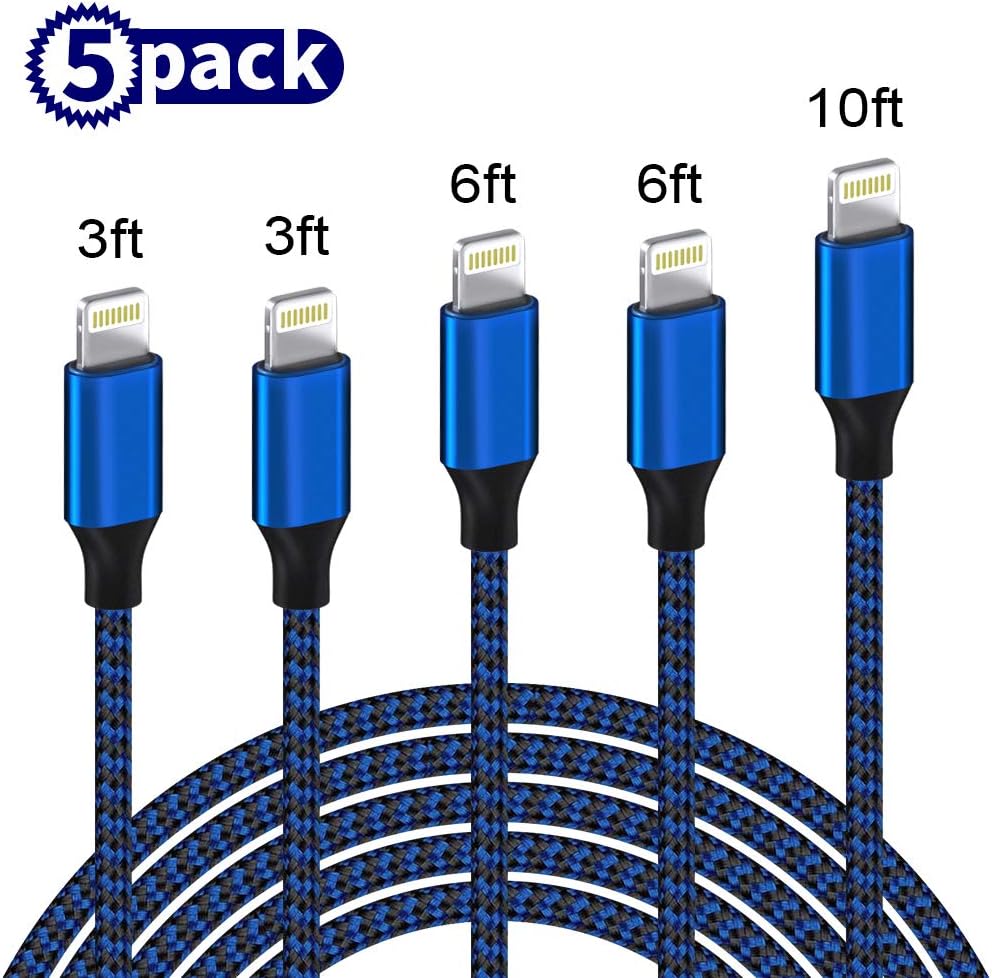 WUYA iPhone Charger MFi Certified Cables 5Pack 3FT 3FT 6FT 6FT 10FT USB Syncing Data Nylon Braided Lightning Cable Compatible iPhone 11 Pro Max X XS XR 8 7 6 6S Plus More