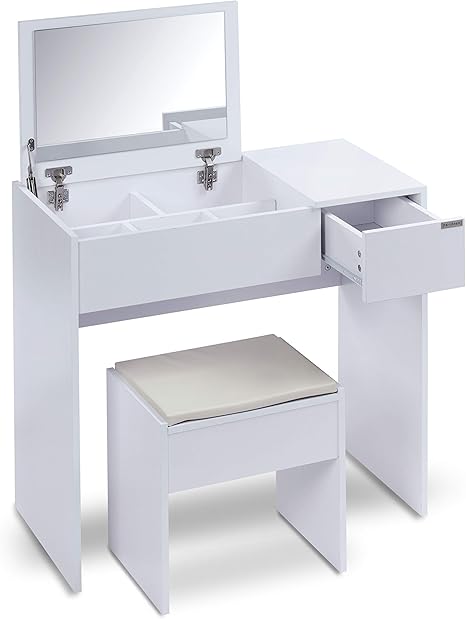 Ts Ideen Schminktisch Frisiertisch Frisierkommode Schminkkommode Schlafzimmer Kommode Mit Aufklappbarem Spiegel Schublade Und Gepolstertem Hocker In Weiss Modern Amazon De Kuche Haushalt