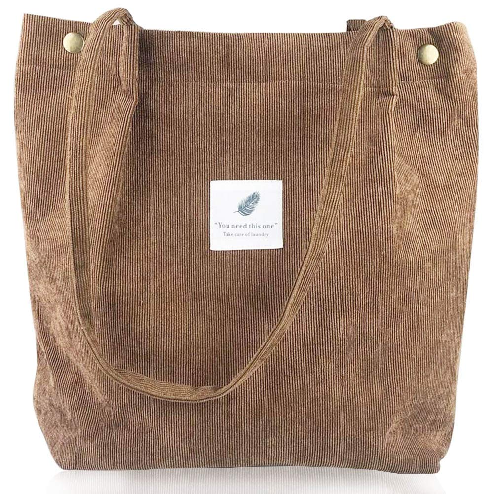 BESLIME Women's Corduroy Totes Shoulder Big Capacity Shopping Retro Casual Handbags, Light Brown, L