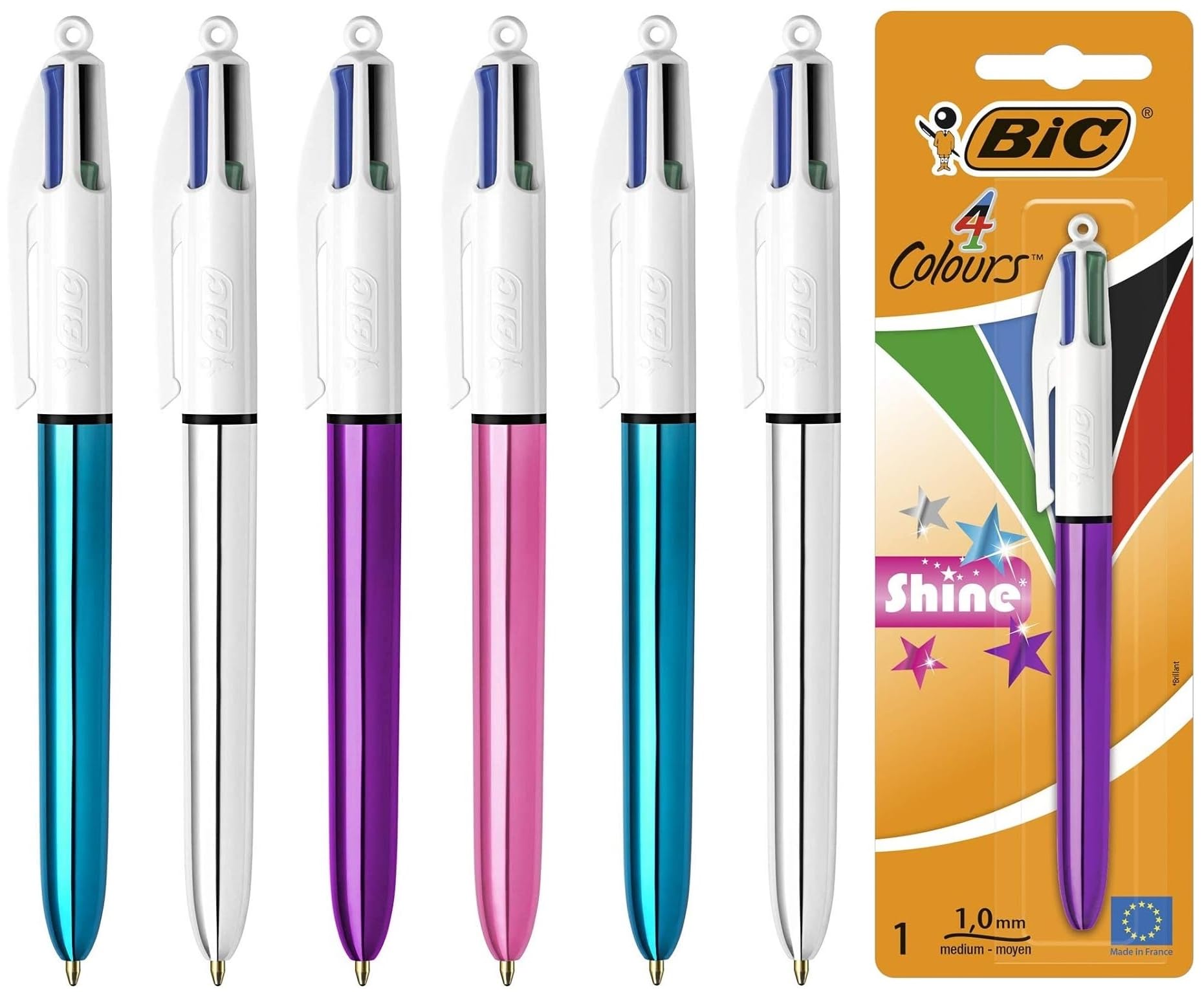 BIC 4 Colours Shine Multi-Coloured All-In-One Retractable Ballpoint Pens, Black, Blue, Green, Red Ink, Medium Point 1.0mm, Pack of 6, Assorted Metallic Barrels