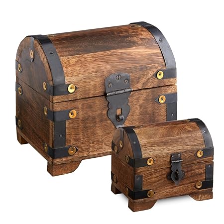 Casa Vivente – Geschenkboxen-Set – Große und Kleine Holztruhe mit Metall-Beschlägen – Schatztruhen aus Dunklem Holz – Spardose – Bauernkasse – Vintage – Verpackung für Geldgeschenke Oder Schmuck