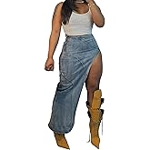 Lyaheima Women's High Slit Denim Maxi Skirt High Waist Asymmetrical Stretch Fit Sexy Y2K Streetwear Club Casual Outfits